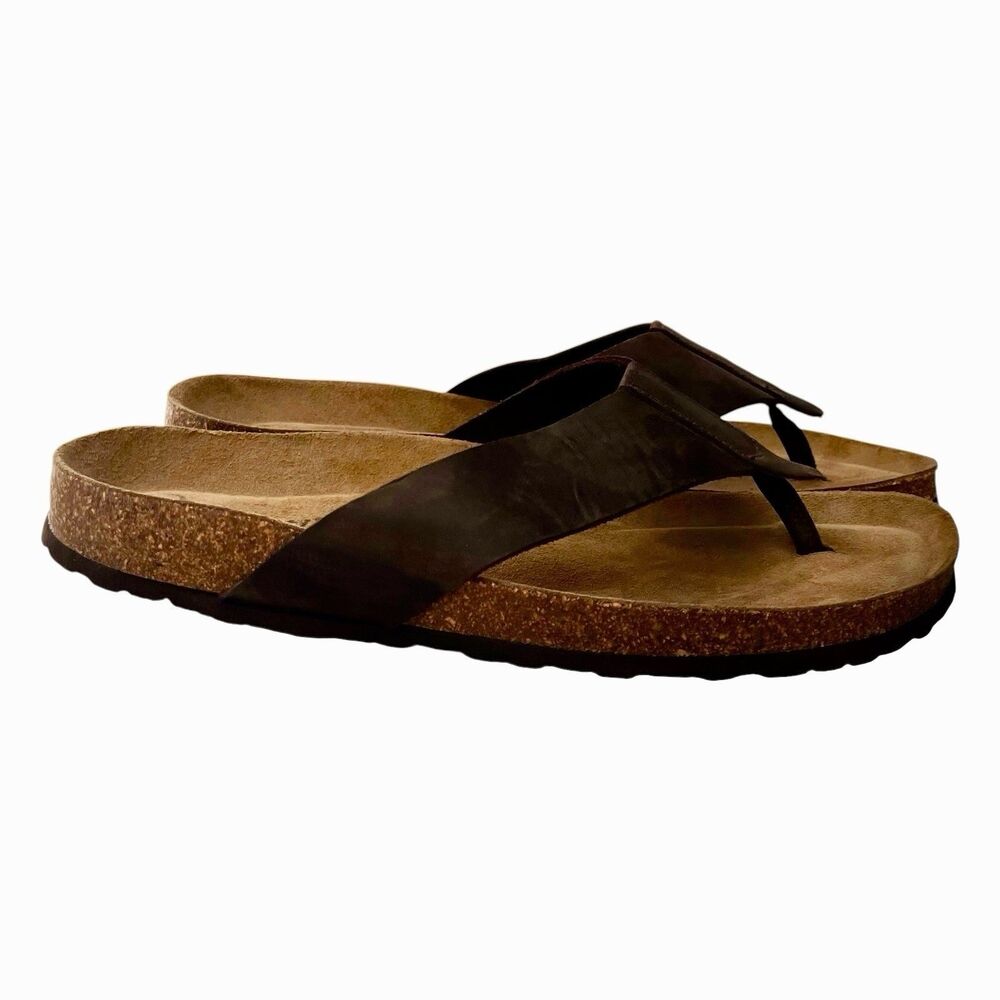 Autenti Mens Brown Black Leather Flip Flops Sandals Made in Spain EU 44 / US 11
